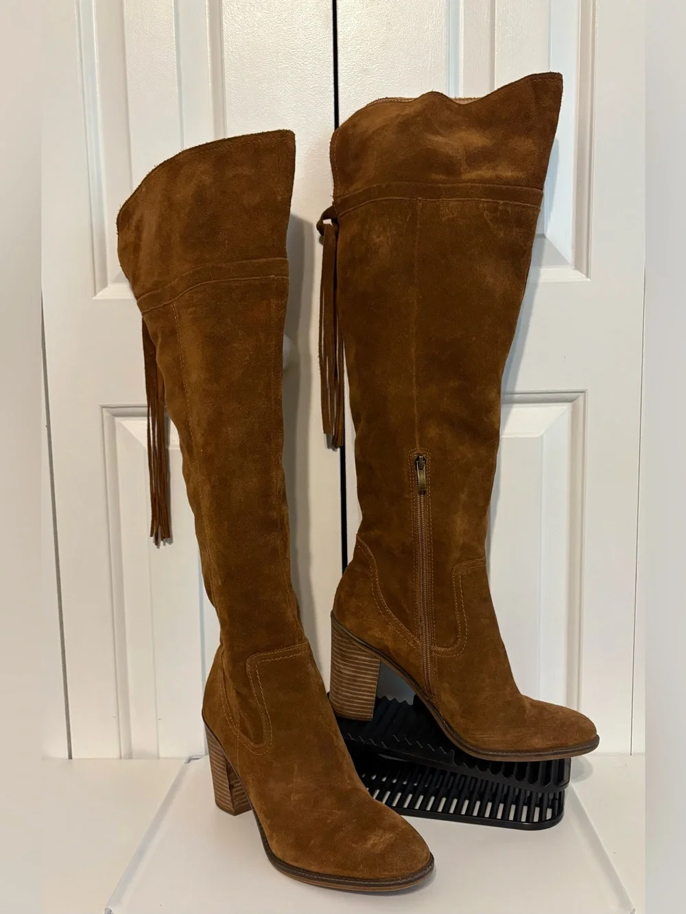 FRANCO SARTO, Brown Suede “Elnora” Tall Over-the-Knee Boots with Fringe Tassel